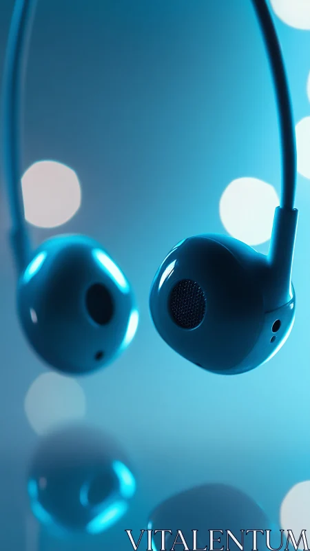 Close-up of blue wired earbuds against blurred bokeh background.