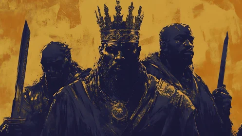 Crowned central ruler with armed guards in stylized portrait.