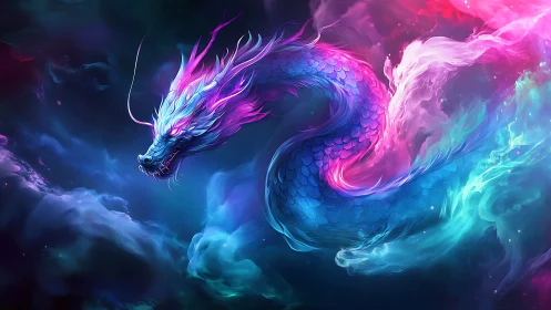 Neon cosmic dragon coils through luminous mist clouds.