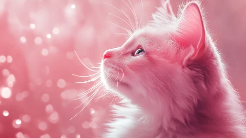 Fluffy Pink Cat Looking Upward with Dreamy Sparkles