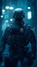 Heavily armored tactical officer in snowy neon-lit city street