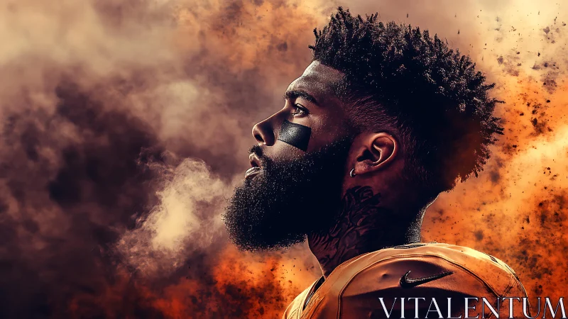 Side-profile gridiron portrait in explosive chromatic plume.