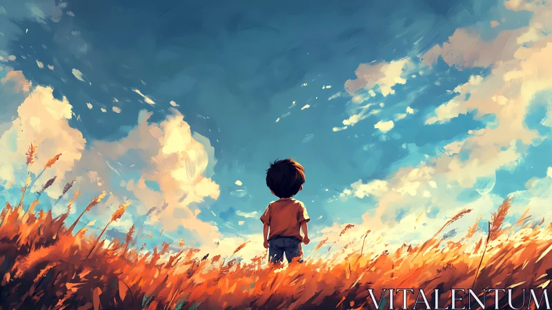 Digital painting of child in windswept golden field under sky.