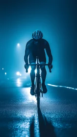 Cyclist Riding Through Rain-Soaked Urban Night