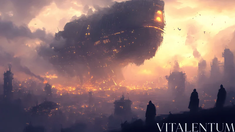 Colossal airborne dreadnought looms over burning industrial cityscape