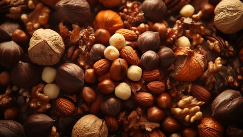 Mixed nuts closeup with rich brown textures and detail.