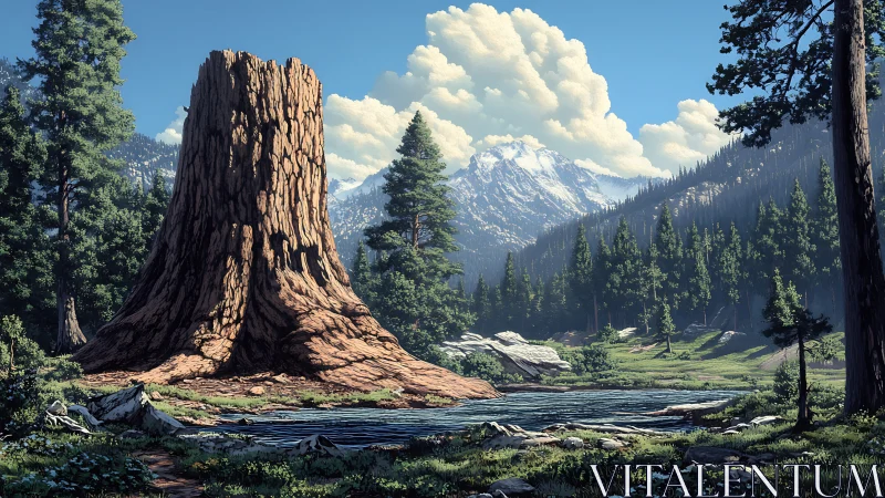 Giant Sequoia Monolith in Alpine Coniferous Forest with Distant Snow-Capped Peaks