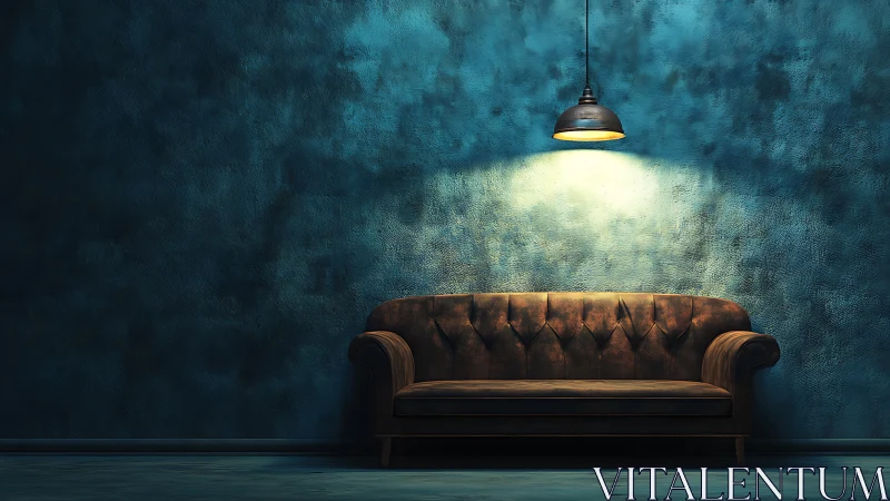 Vintage leather sofa under focused pendant lighting against textured wall