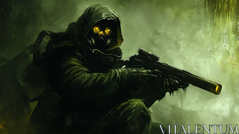 Hooded sniper crouches in toxic green mist with glowing goggles