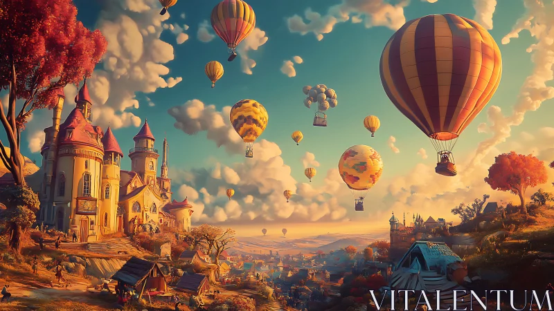 Enchanting hot air balloons drift above a fairytale hill town