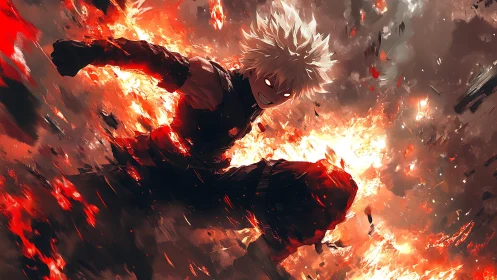 White haired fighter advances through concentrated explosions