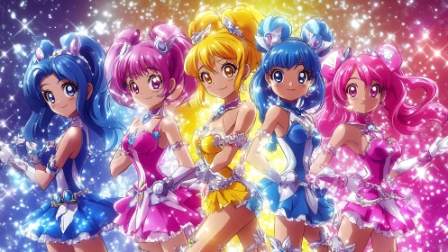 Sparkle-squad heroines posing in a galaxy of glitter.