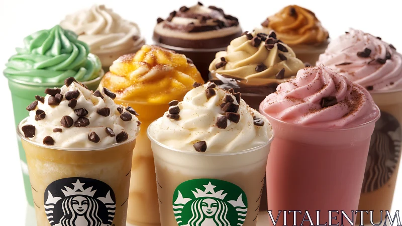 Colorful Starbucks frappuccino lineup with whipped toppings.