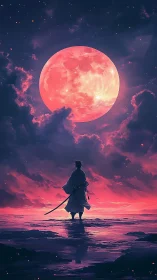 Samurai silhouette under crimson lunar horizon, digital painting.