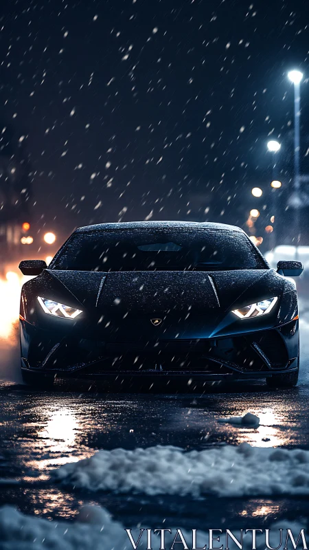 Low-angle supercar front profile in nocturnal snowfall storm.
