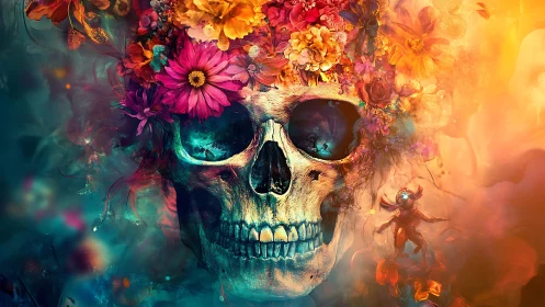Floral skull glows in surreal nebula of life and death