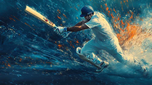 Cricket batsman carves blazing strokes through liquid sky.
