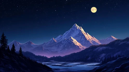 Moonlit alpine mountain range above valley and river at night.