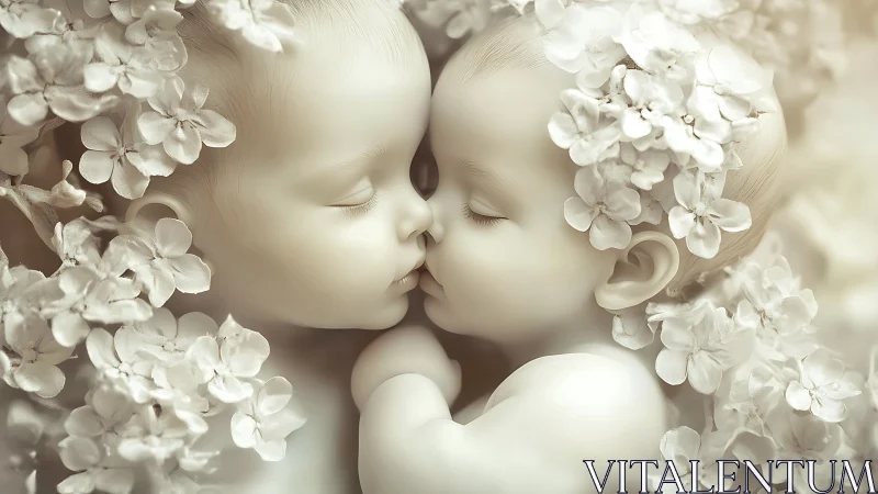 Two sculptural faces positioned in profile encounter within floral composition