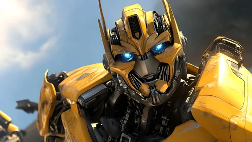 Armored yellow combat robot stares ahead with glowing eyes.
