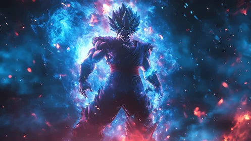 Energetic warrior stands engulfed in blue and red aura flames