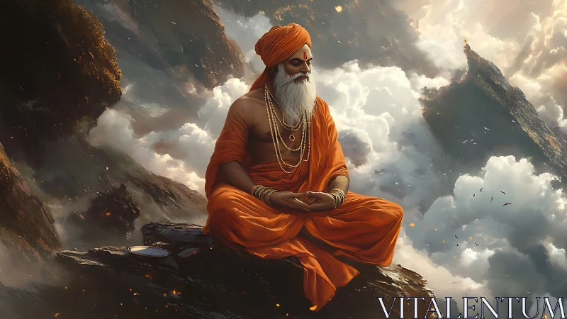 Himalayan sage in orange robes meditating above clouds.