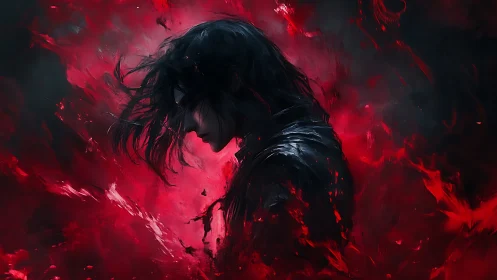 Solitary dark figure engulfs red swirling abstract flames