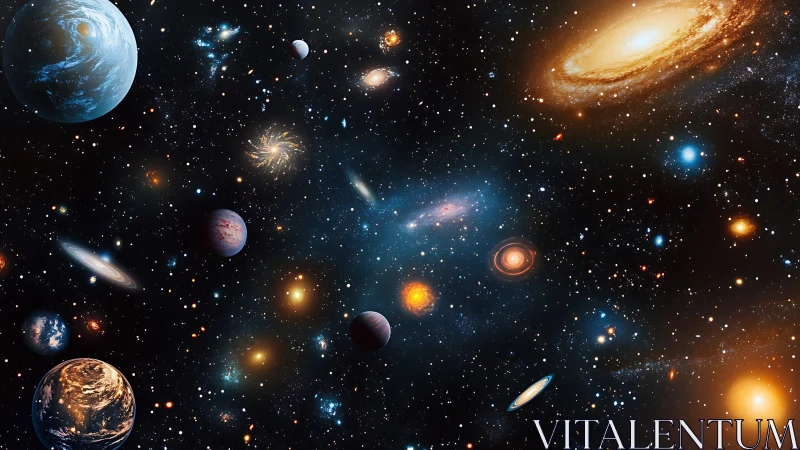 Expansive digital cosmos packed with planets and galaxies.