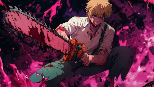 Intense chainsaw fighter leaping through vivid pink chaos.