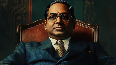 Digitally rendered dignitary in formal chair, frontal composition.