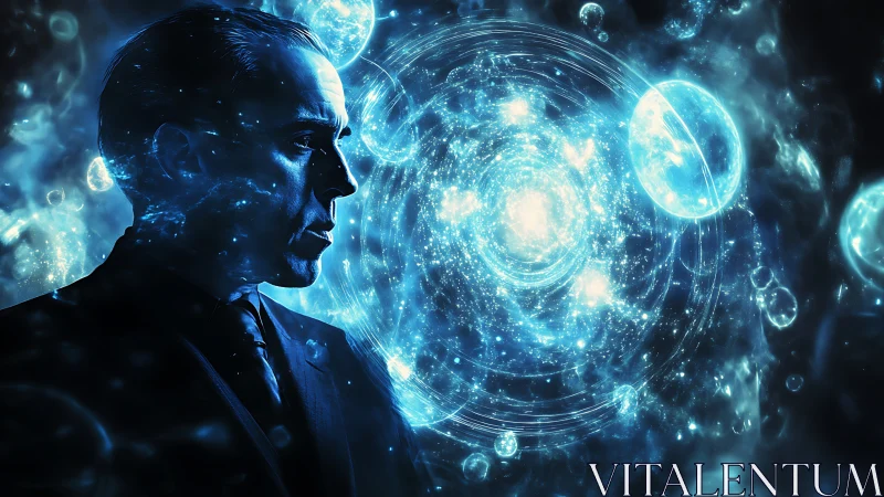 Stoic male profile contrasts with swirling quantum nebula field