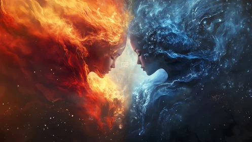 Fire and water duality: opposing elemental forces converge.