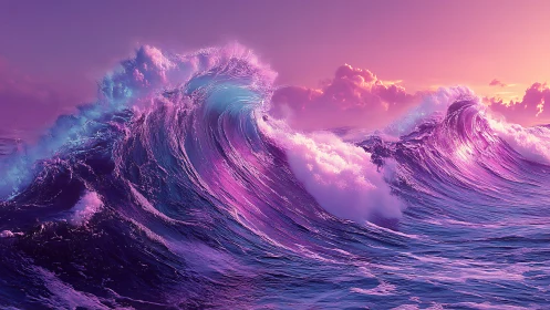 Chromatic ocean waves under magenta sunset sky period.