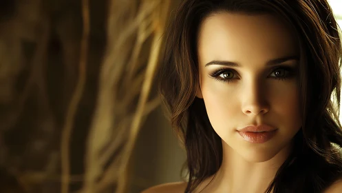 Close-up portrait of young woman in soft warm lighting.