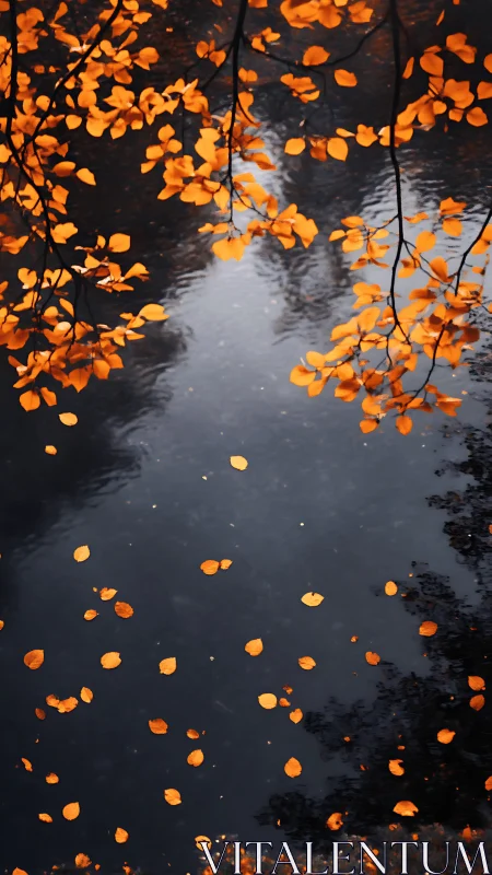 Golden leaves drifting over a quiet, inky blue waterway.
