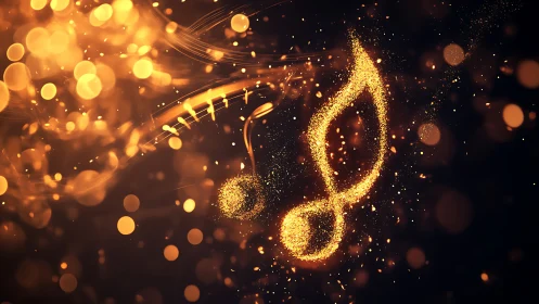 Golden music notes glow within abstract bokeh field.