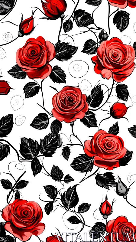 Red Roses with Black Foliage in Elaborate Botanical Interweaving Pattern.