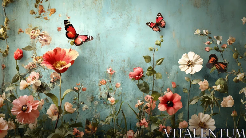Floral Abundance with Butterflies on Weathered Teal Wall.