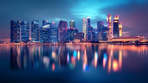 Neon-lit waterfront skyscraper skyline with mirrorlike reflections