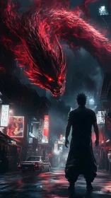 Lone warrior faces blazing red spirit dragon in neon rain