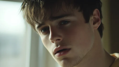 Photorealistic close-up male portrait in soft window light.