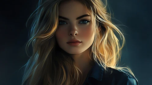 Digital portrait blonde woman with intense blue gaze.