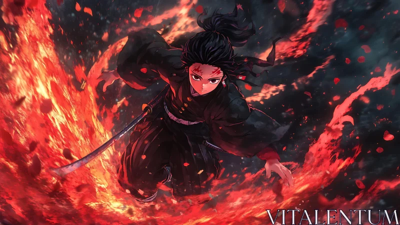 Dynamic anime swordsman executes mid-air slash within flaming arc