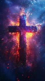 Cosmic ember cross ignites in a storm of sacred stardust.