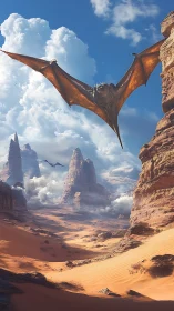 Dragon glides over sunlit desert canyon under tall clouds