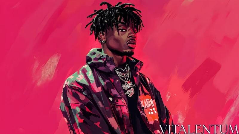 Chromatic vector portrait of streetwear subject on magenta field.