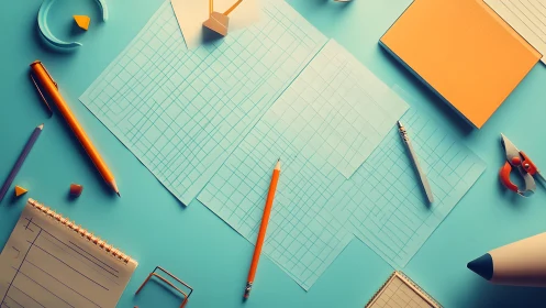 Organized Office Supplies and Graph Paper on Blue Desk, Modern Style.