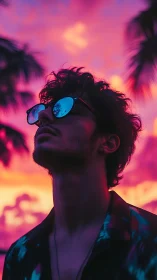 Silhouetted person wearing sunglasses observes vivid sunset sky