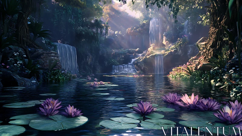 Enchanted lily pond beneath cascading forest waterfalls.