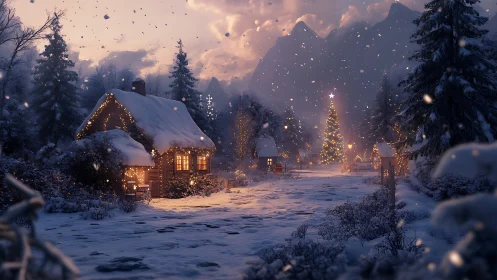 Snow-covered village cabins with illuminated holiday tree.